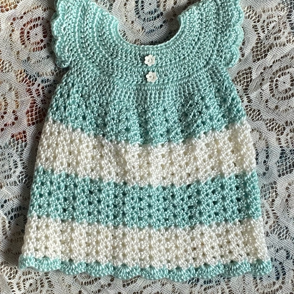 Crochet Baby Dress in Turquoise and White